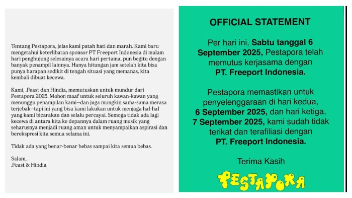 Ini Daftar 14 Band Batal Tampil di Pestapora karena Disponsori Freeport, Ada Hindia, Feast, hingga Sukatani