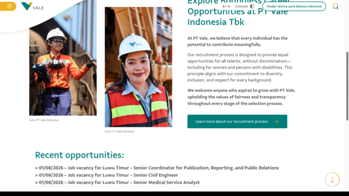 LOWONGAN KERJA MAKASSAR: Vale Indonesia Buka Lowongan Kerja di Luwu Timur, Terbuka untuk Disabilitas