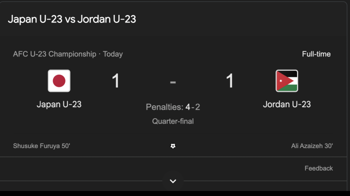 Jepang U-23 vs Yordania U-23 Berakhir Dramatis, Gol Telat Paksa Laga Piala AFC U23 2026 Berlanjut ke Extra Time