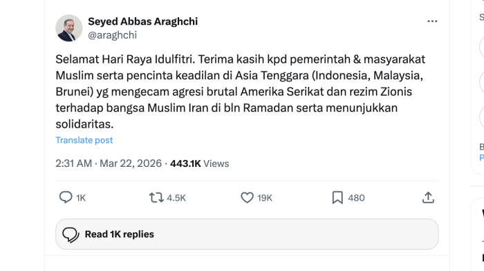Menlu Iran Ucapkan Idulfitri dalam Bahasa Indonesia, Apresiasi Dukungan dari RI