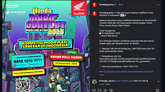 Honda Modif Contest 2026 Hadir di Grand Mall Maros, Ini Cara Ikutnya